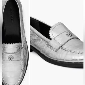 Tory Burch Silver Leather Metallic slip on Loafers/Dust Bag size 6 $358